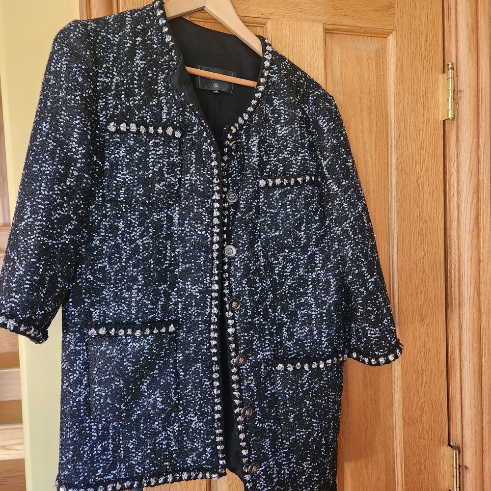 Black Tweed Embellished Women's Coat Jacket
